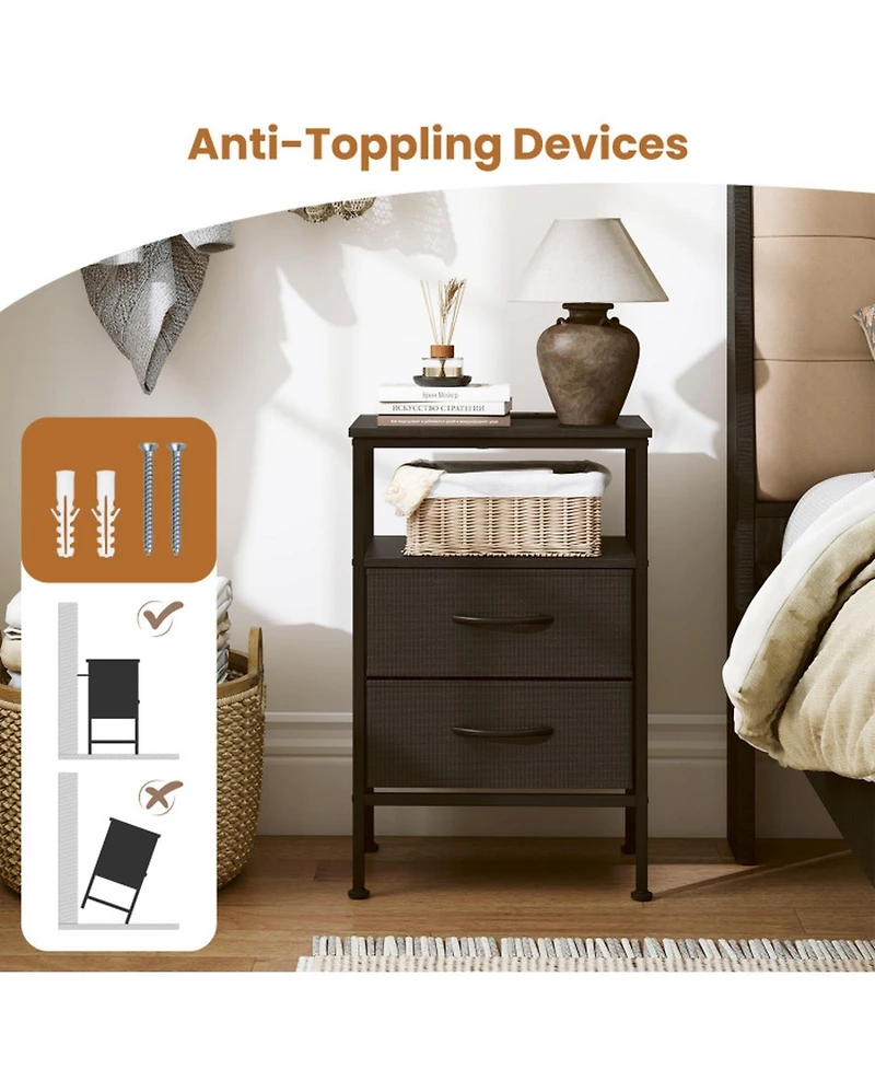 Sugift 24.5 in Modern Nightstand with Charging Station and 2 Fabric Drawers
