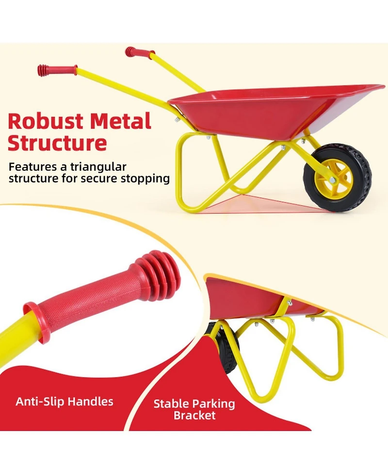 Hongge Kids Metal Wheelbarrow with All-Terrain Wheels and Anti-Slip Handles, Ages 3+