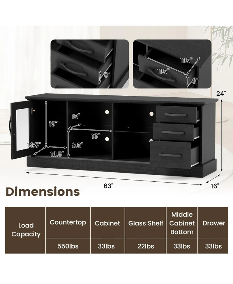 Sugift 63 in Media Console Table with 3 Drawers and 2 Glass Shelves