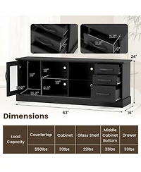 Sugift 63 in Media Console Table with 3 Drawers and 2 Glass Shelves