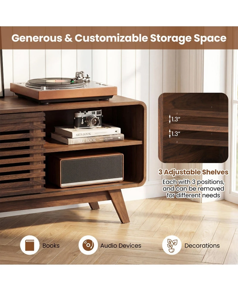 Sugift Mid Century Modern Entertainment Center with Grille-Style Sliding Doors for Living Room