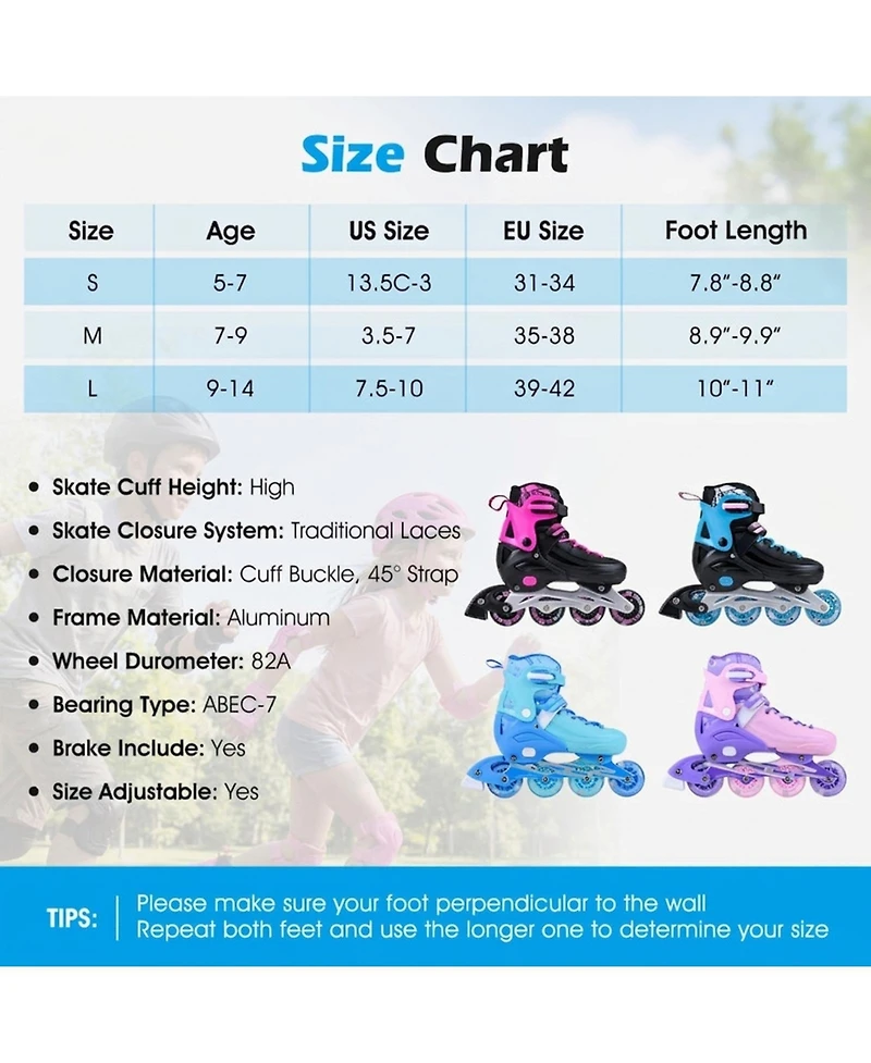 Sugift 4-Size Adjustable Light-Up Inline Skates for Toddlers Ages 5-7