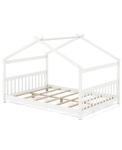 Sugift Full Size House Bed Montessori Floor Bed with Fence Headboard and Footboard