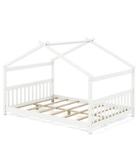 Sugift Full Size House Bed Montessori Floor Bed with Fence Headboard and Footboard