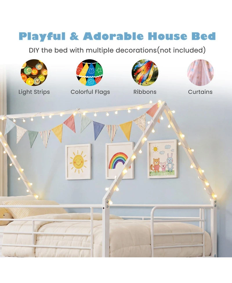 Sugift Twin over Twin House-Shaped Metal Bunk Bed with Roof and Ladder