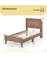Sugift Twin Size Mid-Century Wood Bed Frame with Woven Accent Headboard