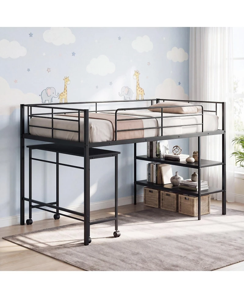 Sugift Twin Size Metal Loft Bed with Rolling Desk and Bookshelf Ladder