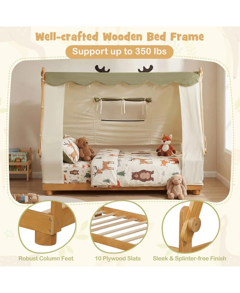 Sugift Twin Size House Floor Wood Bed with Removable Canopy Tent
