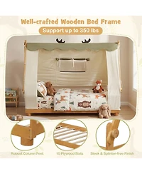 Sugift Twin Size House Floor Wood Bed with Removable Canopy Tent