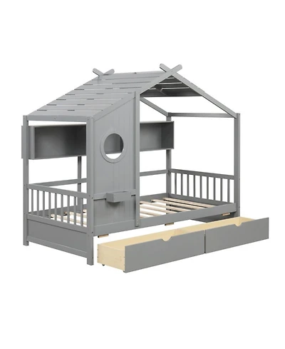 Sugift Twin Size Wooden House Bed with 2 Storage Drawers and Fence Guardrails