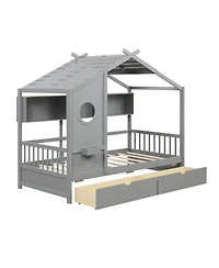 Sugift Twin Size Wooden House Bed with 2 Storage Drawers and Fence Guardrails