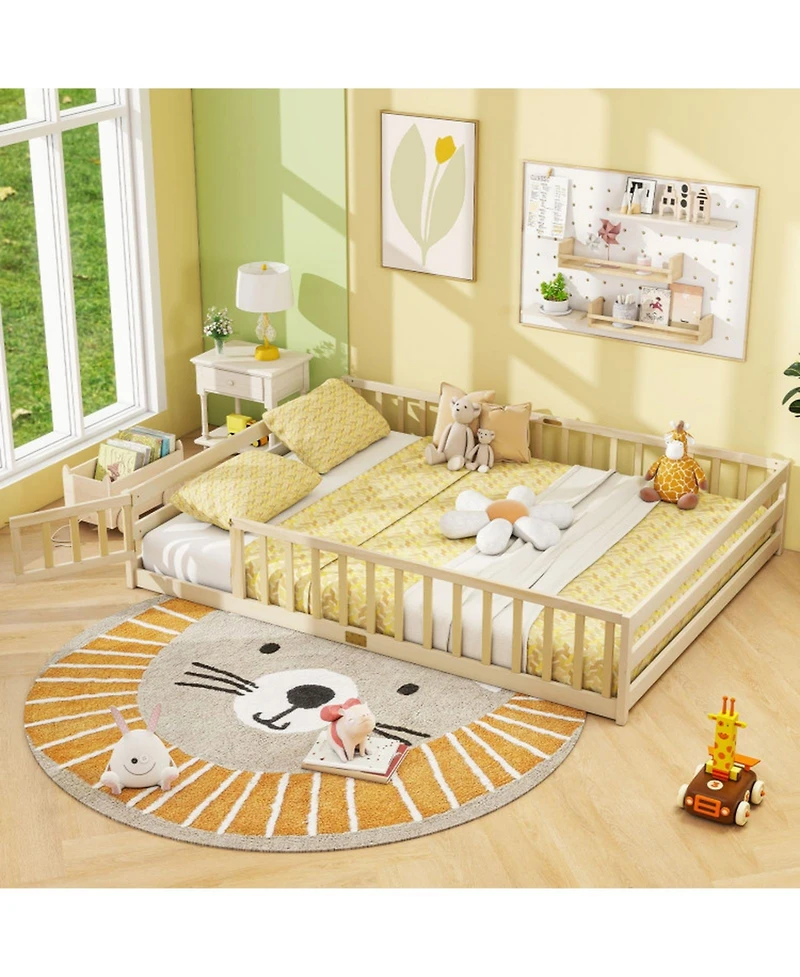Sugift Queen Size Montessori Floor Bed with Full-Length Guardrails and Lockable Door