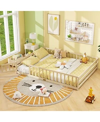 Sugift Queen Size Montessori Floor Bed with Full-Length Guardrails and Lockable Door