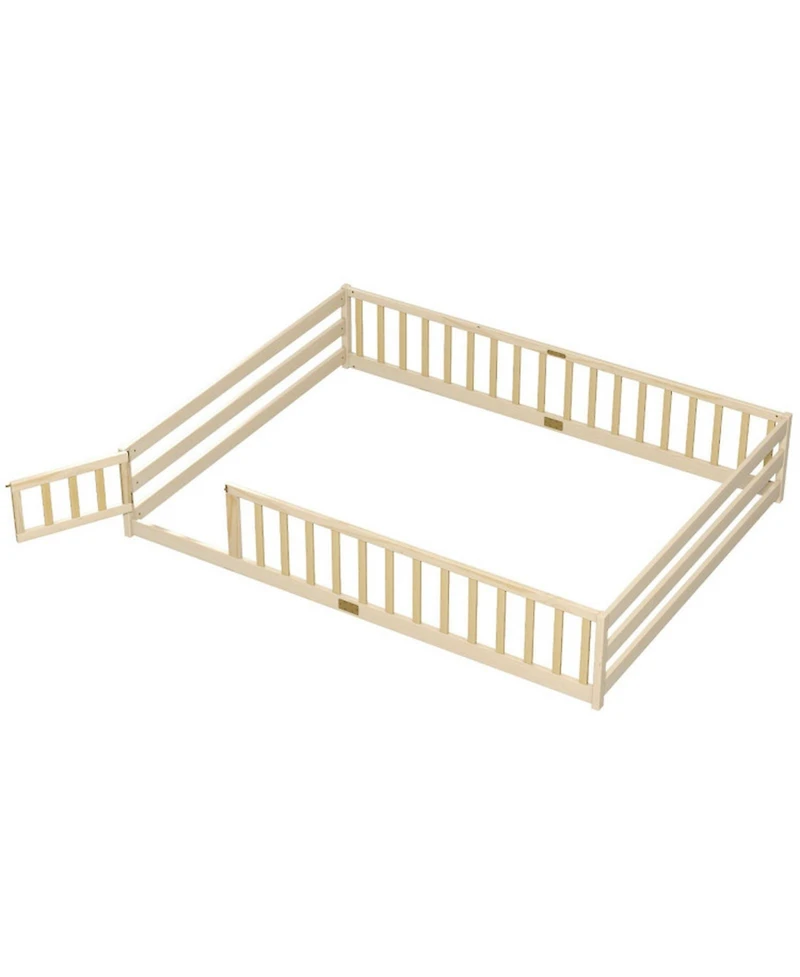 Sugift Queen Size Montessori Floor Bed with Full-Length Guardrails and Lockable Door