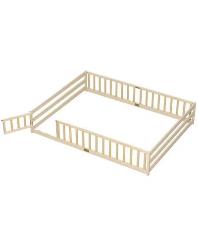 Sugift Queen Size Montessori Floor Bed with Full-Length Guardrails and Lockable Door