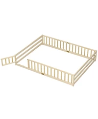 Sugift Queen Size Montessori Floor Bed with Full-Length Guardrails and Lockable Door
