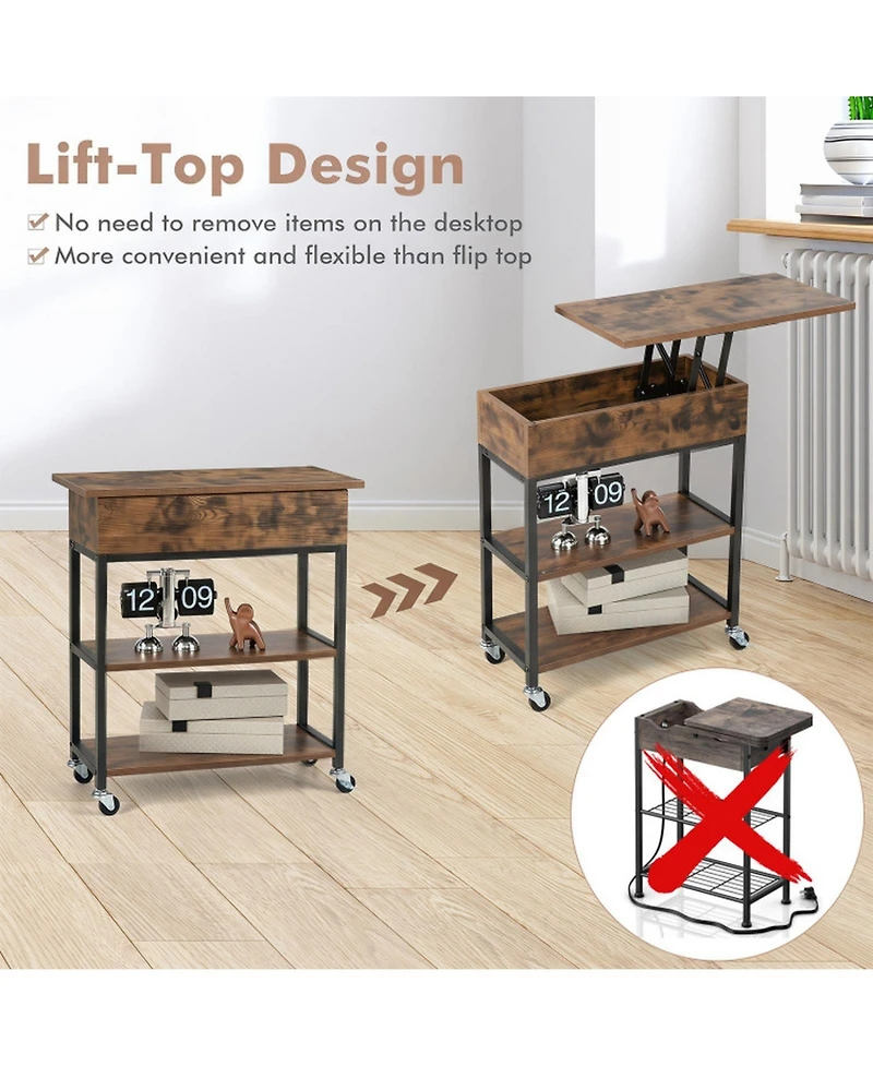 Sugift Lift Top End Table with Hidden Charging Station and Lockable Universal Wheels