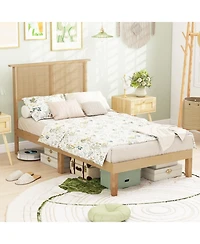 Sugift Twin Size Platform Bed Frame with Woven Rattan Headboard and Wood Slats