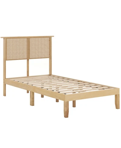 Sugift Twin Size Platform Bed Frame with Woven Rattan Headboard and Wood Slats