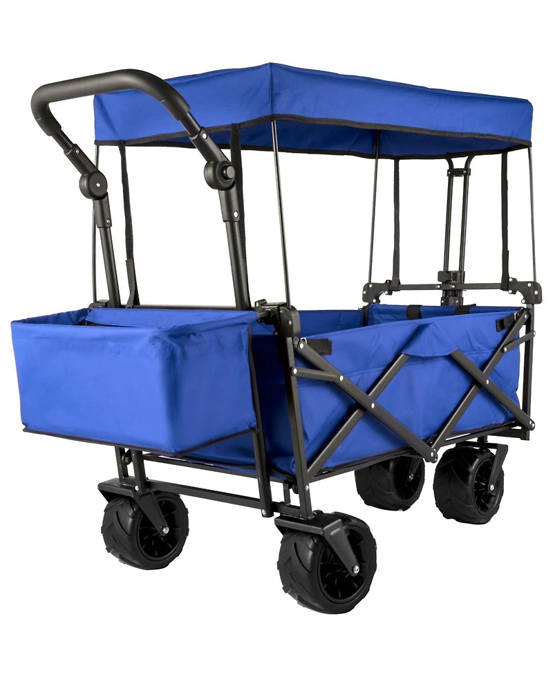 Mountaintop Extra Large Collapsible Garden Cart with Canopy, Rear Storage, Blue Foldable Wagon for Garden, Camping, Grocery, Shopping