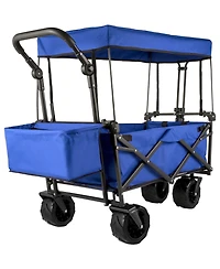 Mountaintop Extra Large Collapsible Garden Cart with Canopy, Rear Storage, Blue Foldable Wagon for Garden, Camping, Grocery, Shopping