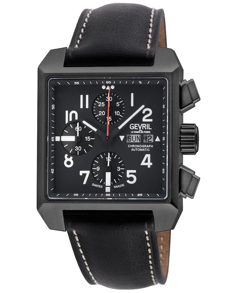 Gevril Men's Swiss Made Herald Square Swiss Automatic Black Italian Leather Strap Watch