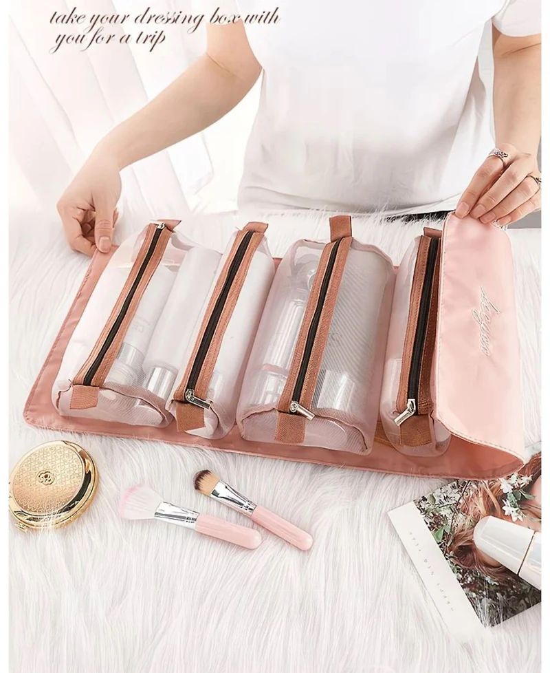 Mountaintop Travel Toiletry Bag Makeup Cosmetic Bag 4-in-1 Roll-Up Make Up Storage Organizer With 4 Zipper Pouches