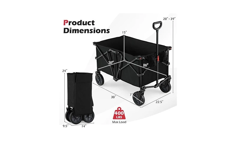 Mountaintop Black 400 lbs Heavy-Duty Collapsible Wagon Cart with All-Terrain Wheels, 180L Capacity Folding Utility Cart for Camping Shopping