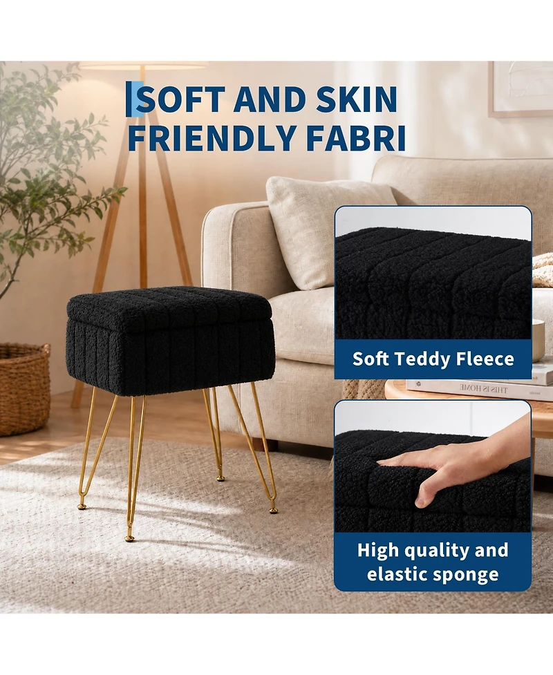 homfan Vanity Stool with Storage – 15.7" Faux Fur Ottoman Metal Legs and Anti-Slip Feet, Soft Padded Seat Foot Rest for Makeup Bedroom