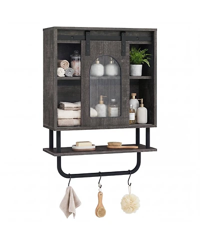 Costway Bathroom Wall Cabinet with Sliding Barn Door Metal Hanging Bar 3 Hooks for Kitchen