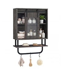 Costway Bathroom Wall Cabinet with Sliding Barn Door Metal Hanging Bar 3 Hooks for Kitchen
