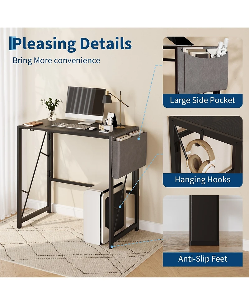 homfan 31.5 Folding Computer Desk with Storage Bag and Hook, Space-Saving Gaming Table