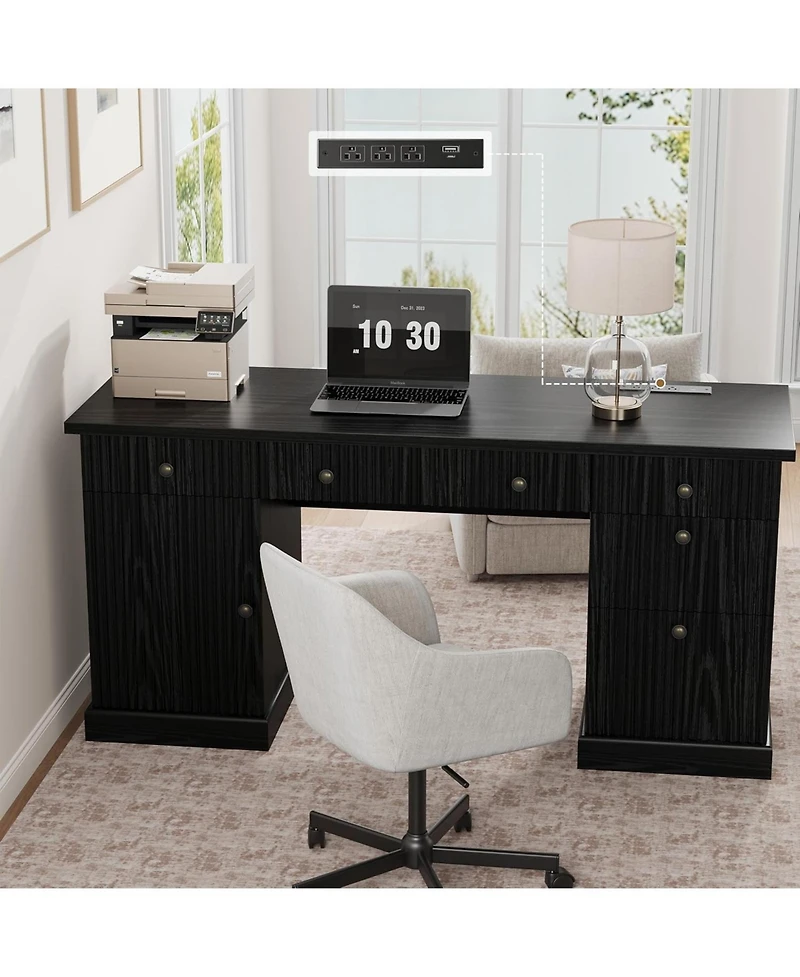 homfan 60" Office Desk – Fluted Wood Executive Desk with File Drawers and Charging Station, Computer Desk for Home Office