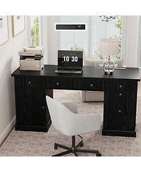 homfan 60" Office Desk – Fluted Wood Executive Desk with File Drawers and Charging Station, Computer Desk for Home Office