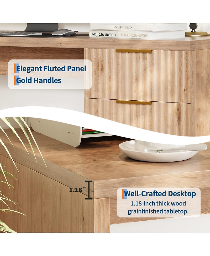 homfan 61" Farmhouse Executive Desk with Power and Usb, Drawers, Fluted Cabinet, Adjustable Shelf
