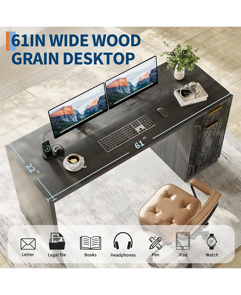 homfan 61" Farmhouse Executive Desk with Drawer, Power Outlets and Adjustable Shelf