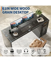 homfan 61" Farmhouse Executive Desk with Drawer, Power Outlets and Adjustable Shelf