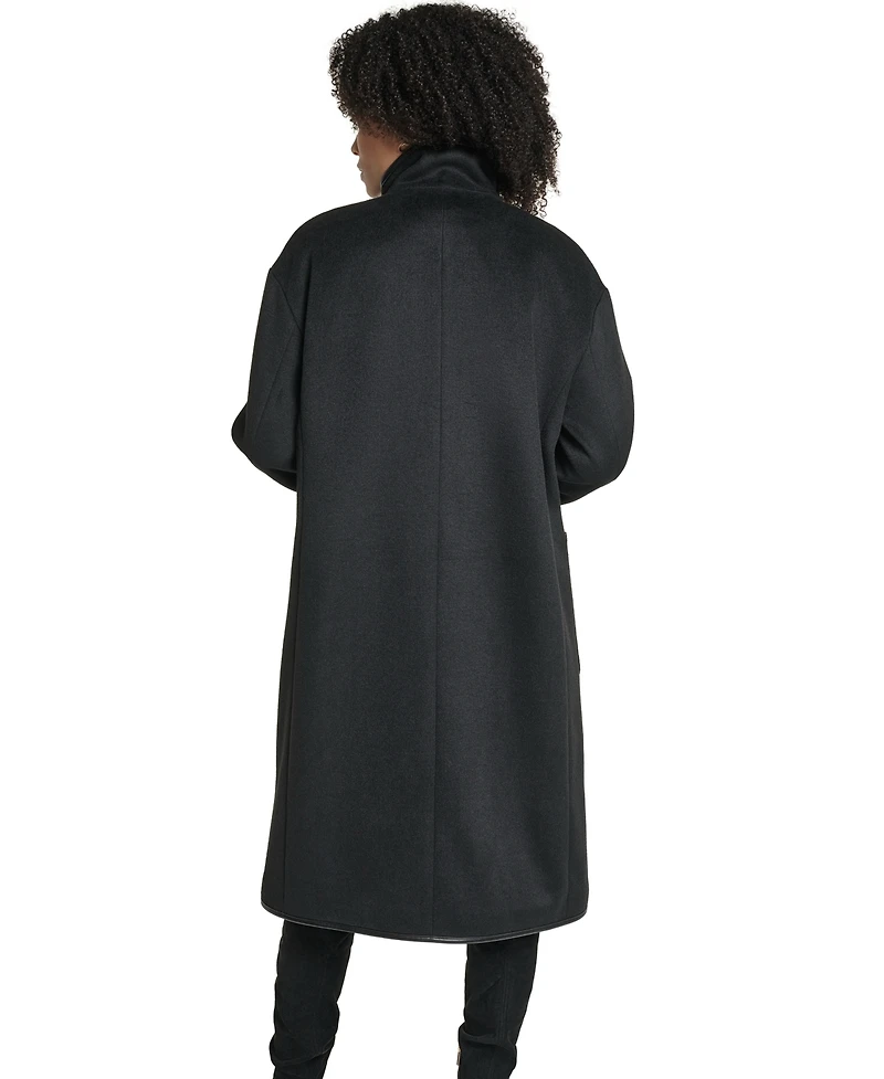 Karl Lagerfeld Paris Womens Double Faced Faux-Leather Trimmed Funnel Neck Coat