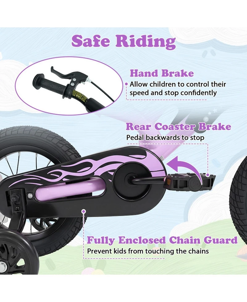 Sugift Kids' 12-Inch Motorcycle-Inspired Bike with Detachable Training Wheels, Ages 3-4