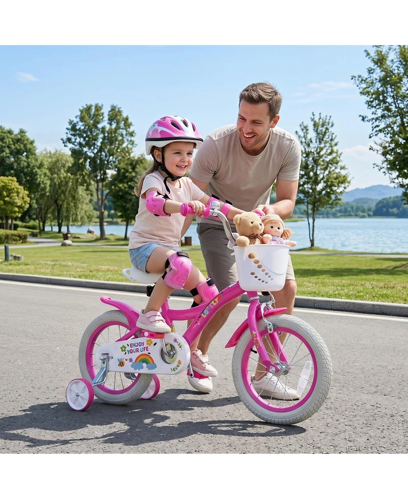 Sugift 14-Inch Adjustable Girls Bike with Dual Brake System and Training Wheels, Ages 3-5