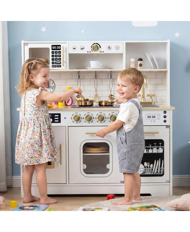Sugift Lights and Sounds Wooden 14-Piece Play Kitchen, Ages 3+