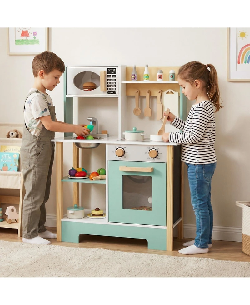 Sugift Wooden Play Kitchen with Chalkboard, 13-Piece Playset, Ages 3+