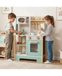 Sugift Wooden Play Kitchen with Chalkboard, 13-Piece Playset, Ages 3+