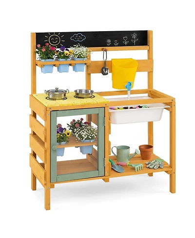 Sugift Wooden 13-Piece Mud Kitchen with Water Tank, Faucet, and 2 Stoves, Ages 3+