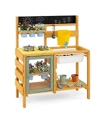 Sugift Wooden 13-Piece Mud Kitchen with Water Tank, Faucet, and 2 Stoves, Ages 3+