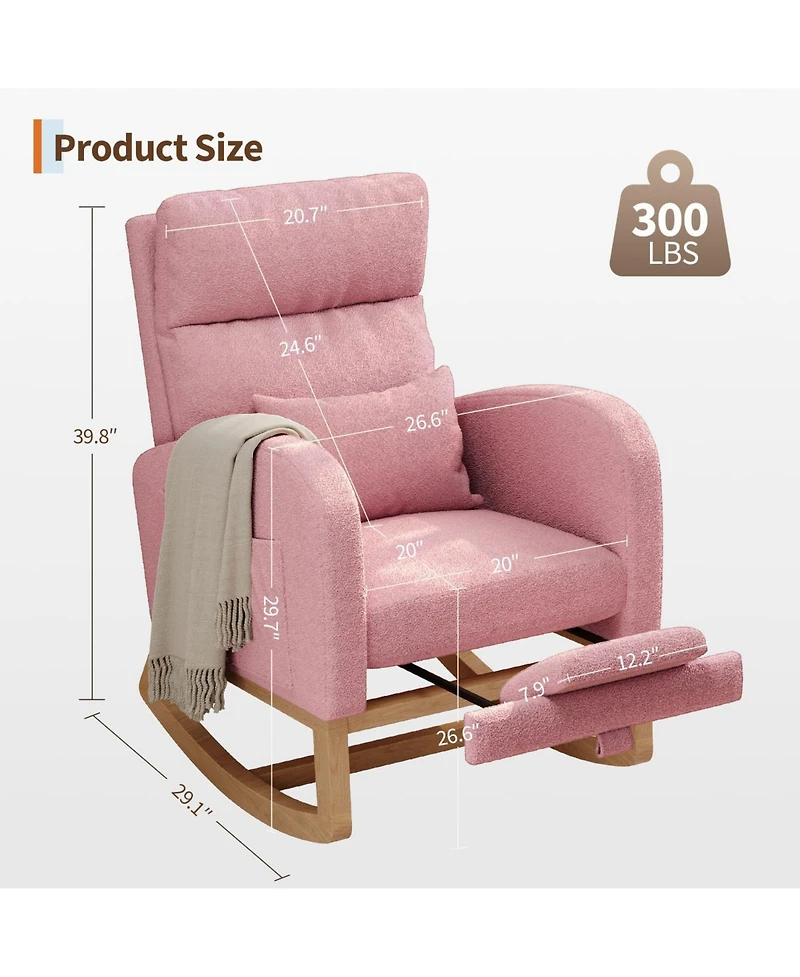 homfan Soft Teddy Fleece Rocking Chair Modern Nursery Glider Chair with Side Pockets and Pillow Extendable Footrest Upholstered Rocker for Living Room