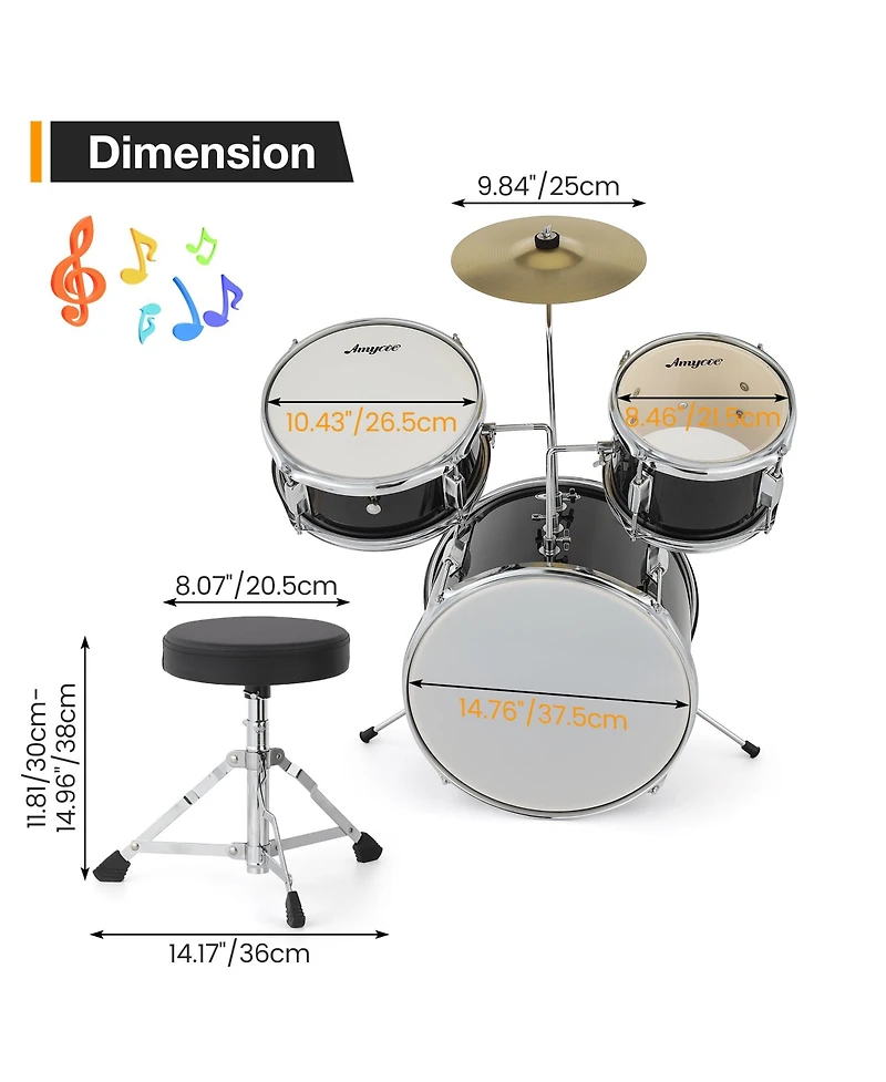 homfan 3-Piece Junior Drum Set for Kids - Complete Percussion Kit with Bass Drum, Tom, Snare, Cymbal, Drumsticks, Pedal and Adjustable Stool