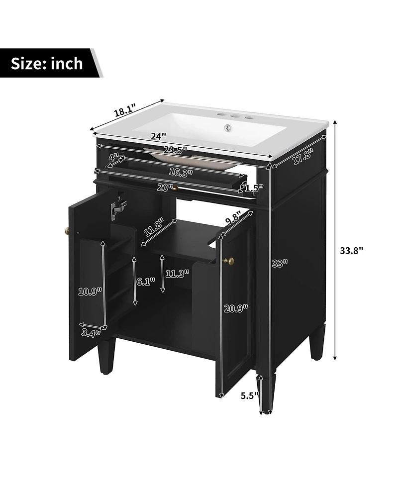Busdays 24 Inch Bathroom Vanity with 2 Doors and Tip Out Drawer Storage Cabinet with Sink Soft Closing Doors with Organizers