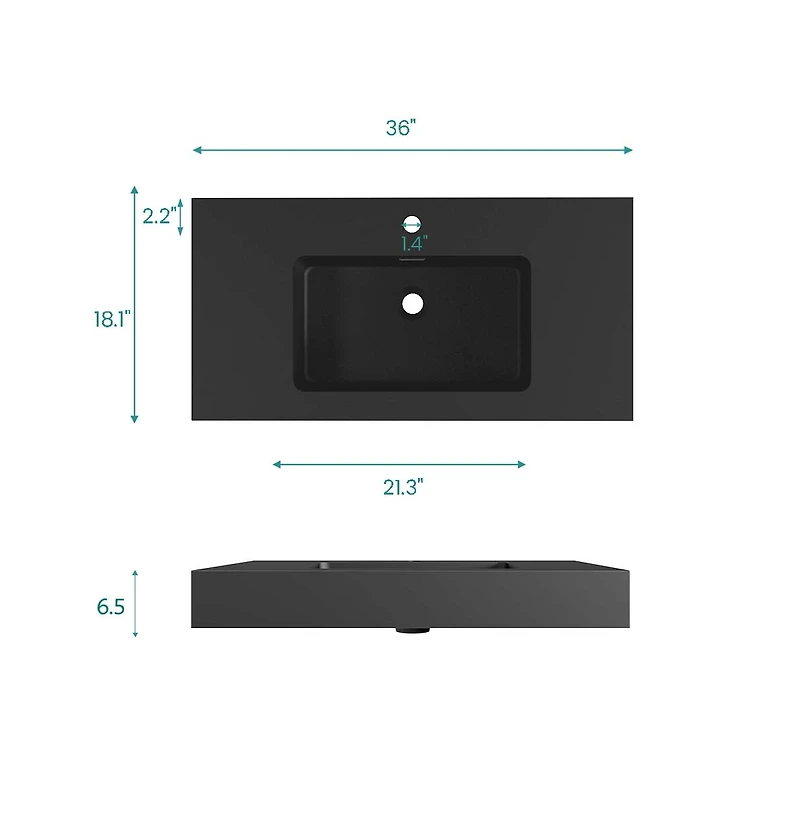 Busdays Matte Integrated Solid Surface Basin Sink for Vanity No Drain No Faucet Included