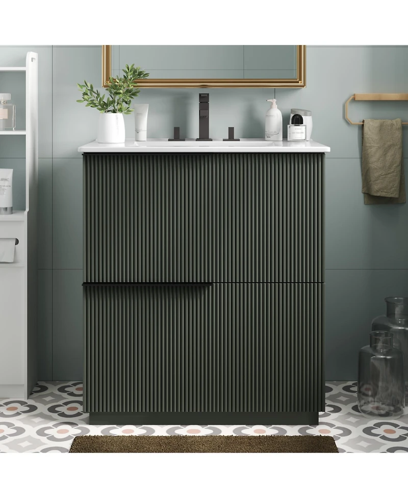 Busdays 30 Inch Bathroom Vanity with Ceramic Sink Full Extension Drawers Soft Close Undermount Slides Fluted Design